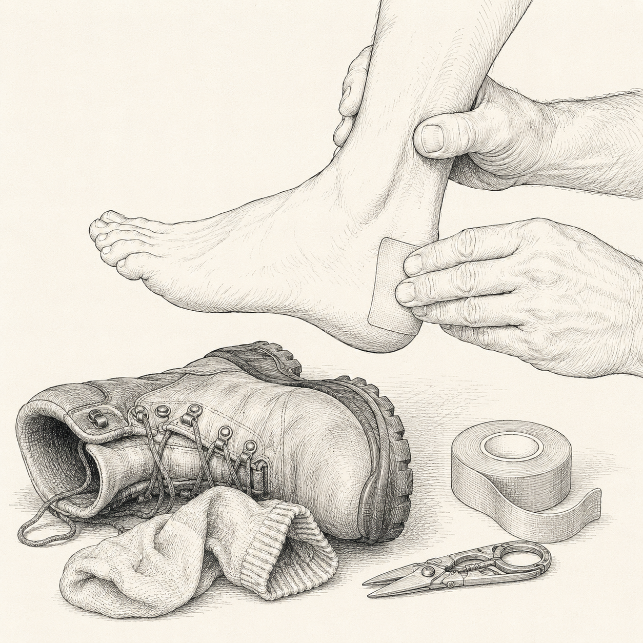 Close view of hands taping a heel hot spot before a blister forms, sock rolled down and tape smoothed flat