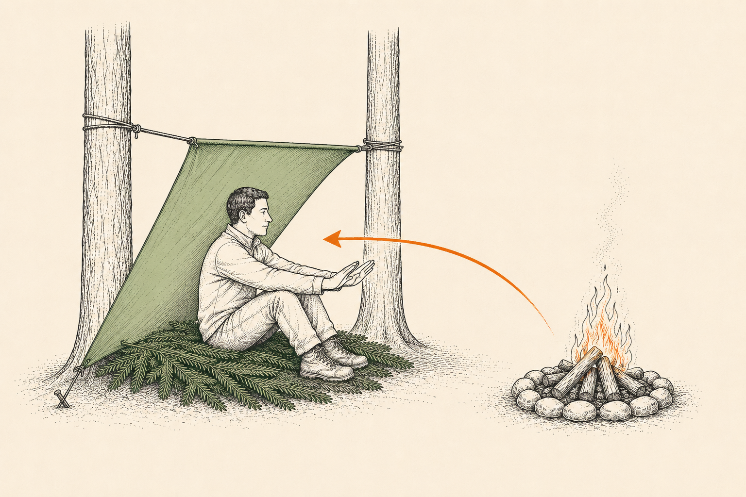 A tarp lean-to pitched with its back to the wind and a small fire in front, showing the heat-reflector arrangement
