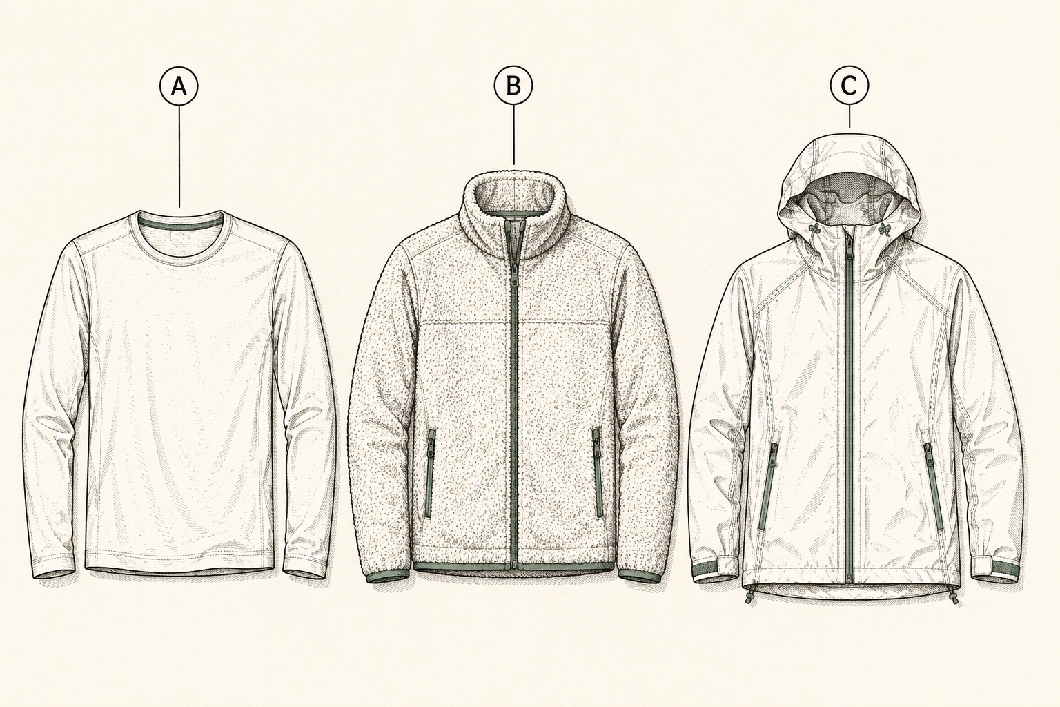 The three clothing layers laid side by side: wicking base layer, insulating mid layer, and waterproof shell