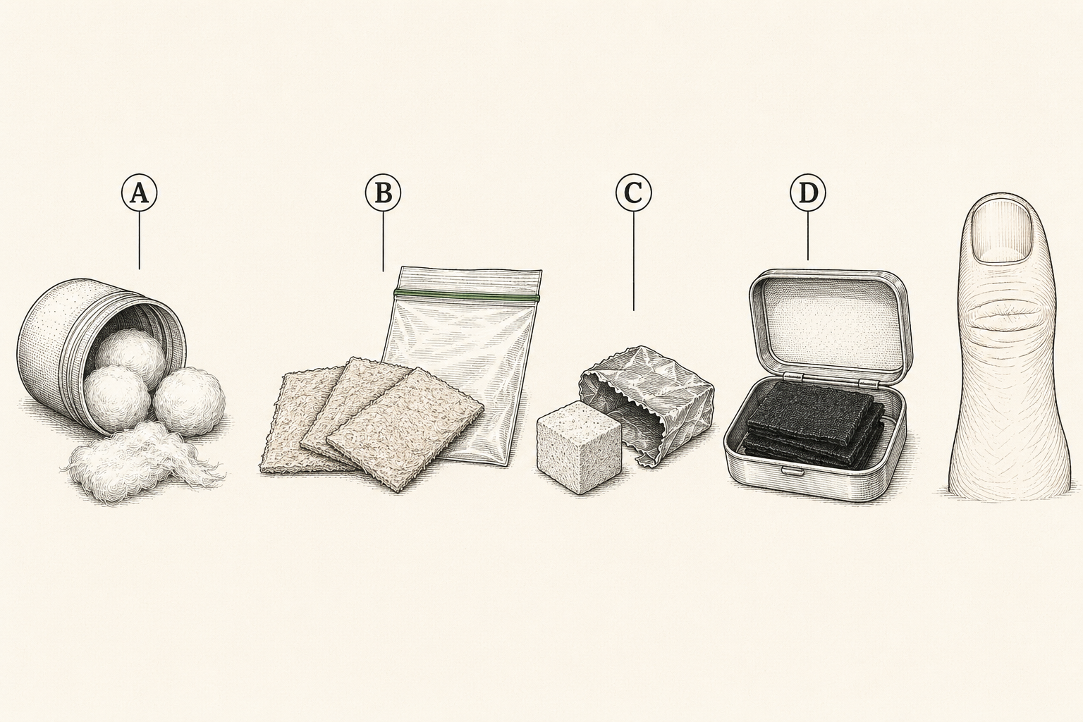 Carried tinder options compared side by side: petroleum jelly cotton balls in a canister, fiber tinder tabs, a solid fuel cube, and char cloth squares in a tin