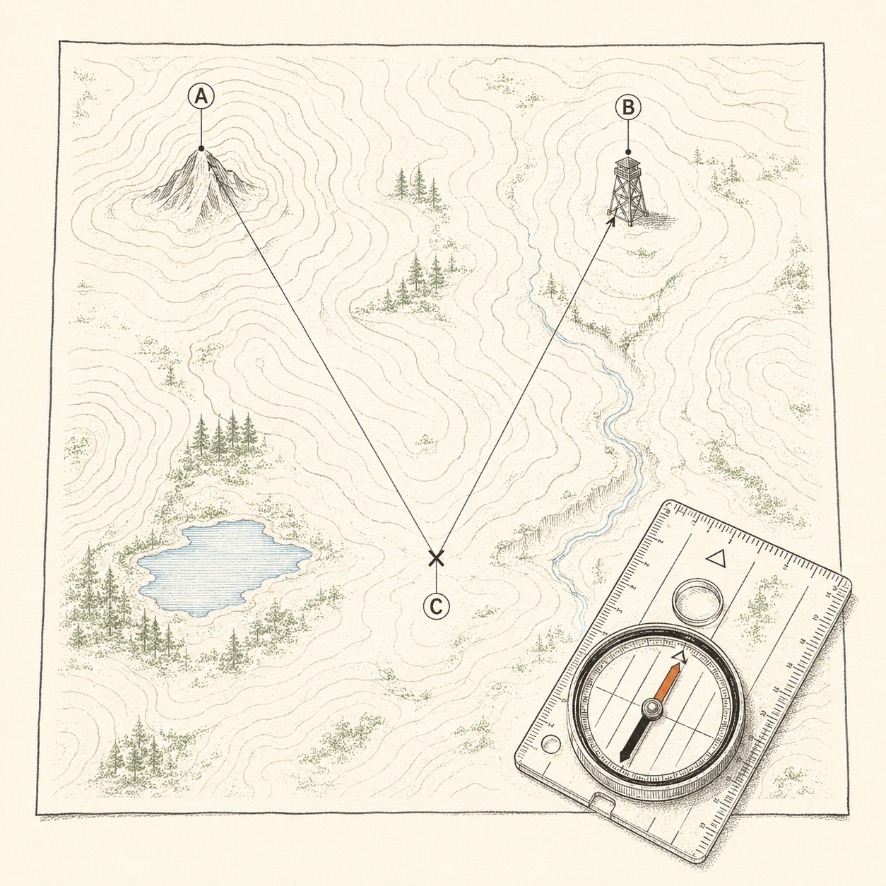 Triangulation demonstrated on a simple topographic map: back-bearing lines from two landmarks crossing at the navigator's position