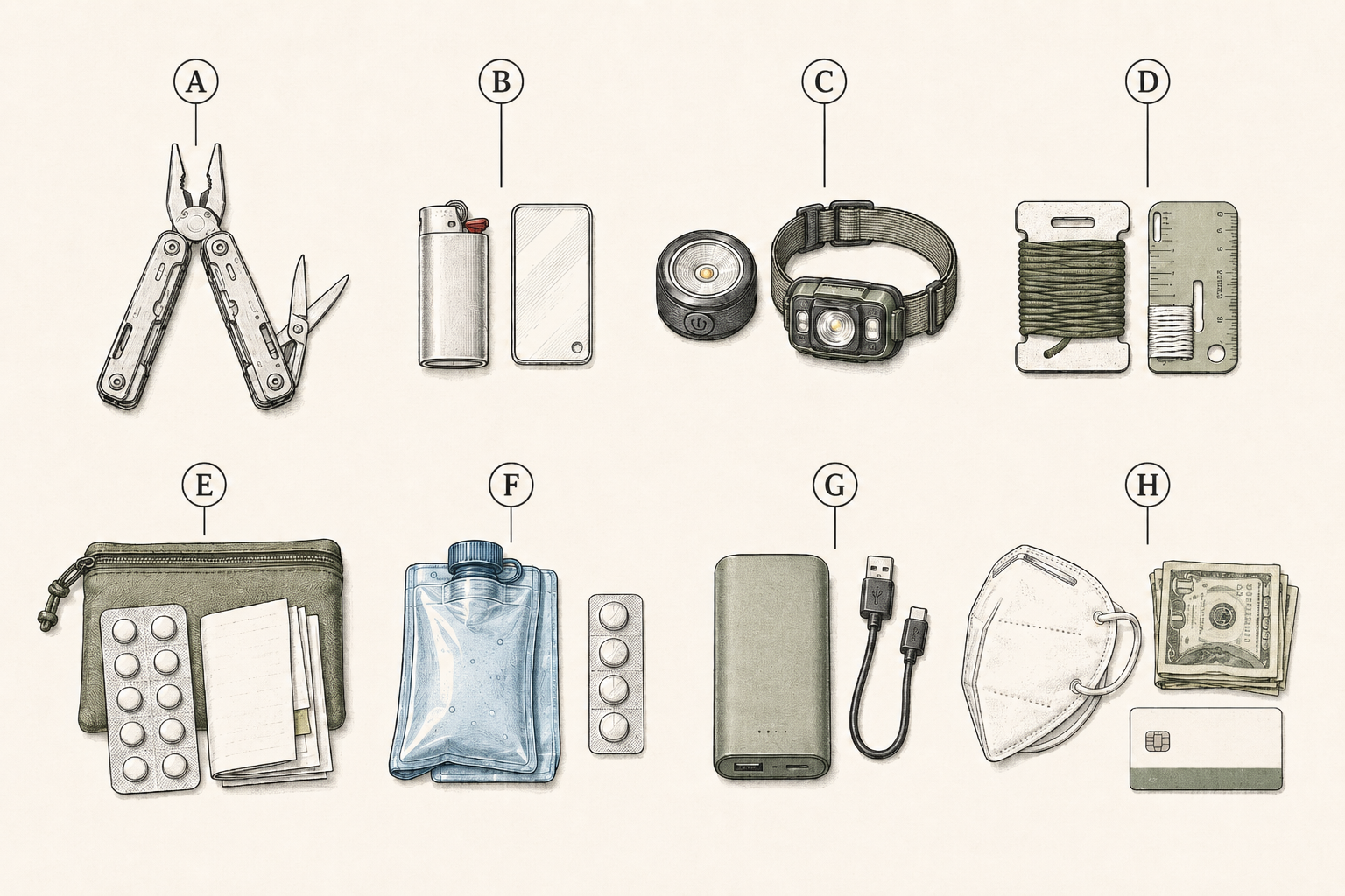 The checkpoint-legal travel kit laid out: bladeless multitool, lighter and lens, lights, cordage and tape, med kit, water pouch and tablets, power bank, mask, cash, and documents