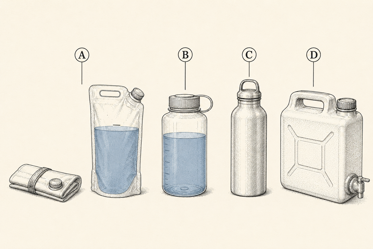 Water carriage options compared on one baseline: folding pouch flat and filled, hard plastic bottle, single-wall metal bottle, and vehicle water jug