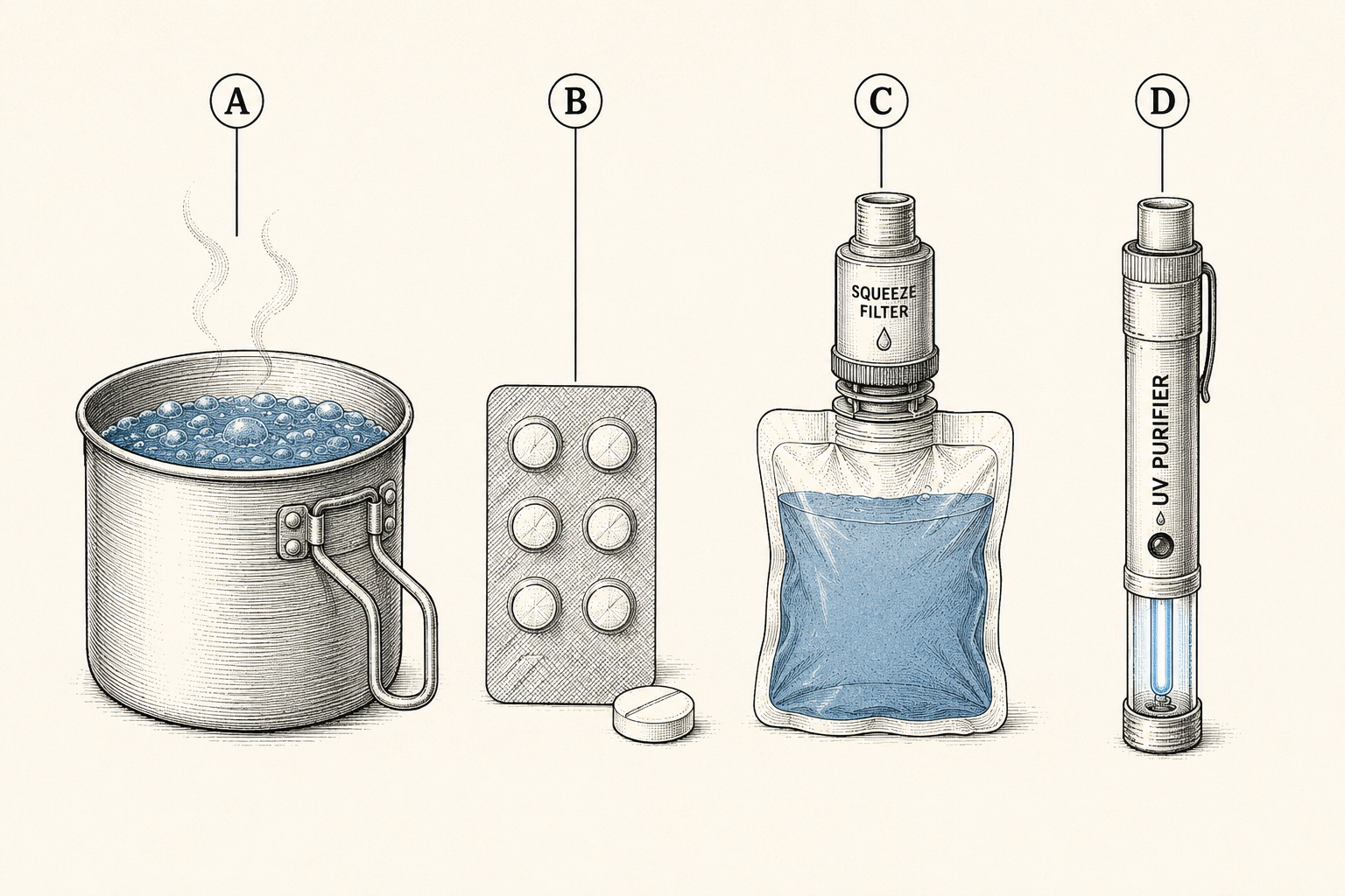 Four water treatment methods compared side by side: metal pot at a rolling boil, chlorine dioxide tablet blister, hollow-fiber squeeze filter with pouch, and UV purifier pen