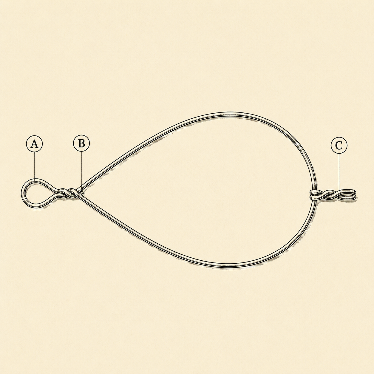 Anatomy of an unset wire snare shown flat: the loop, the locking twist eye, and the anchor end